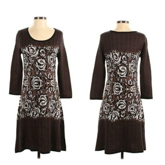 Nine West Knit Long Sleeve Scoop Neck Aline Sweater Dress Herringbone Rosette S - Picture 1 of 11